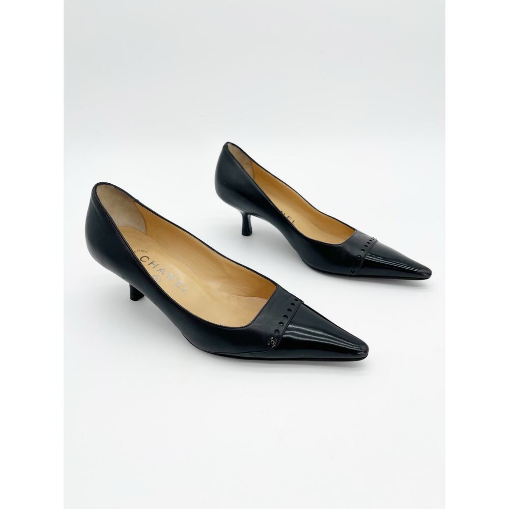 Chanel Vintage Black Leather Cap Toe CC Logo Kitten Heel Pointed Pumps EU 36.5 - Picture 2 of 14
